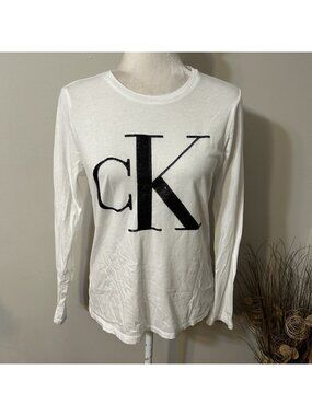New CALVIN KLEIN Jeans Women White Long  Sleeve T-Shirt Sequins Big CK Logo Sz M